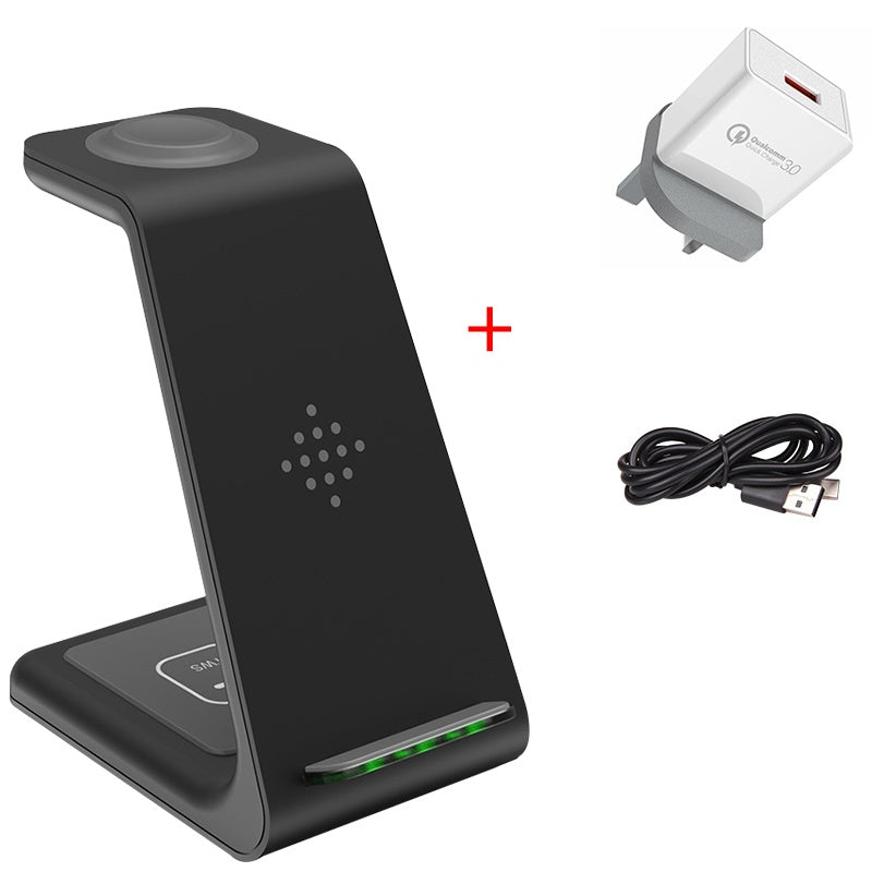 Carregador Sem Fio Rápido 3 em 1 – Suporte para Celular, Smartwatch e Fone