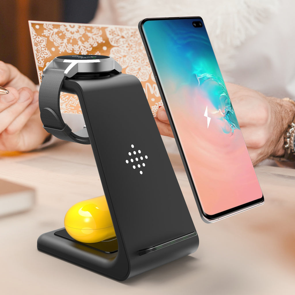 Carregador Sem Fio Rápido 3 em 1 – Suporte para Celular, Smartwatch e Fone