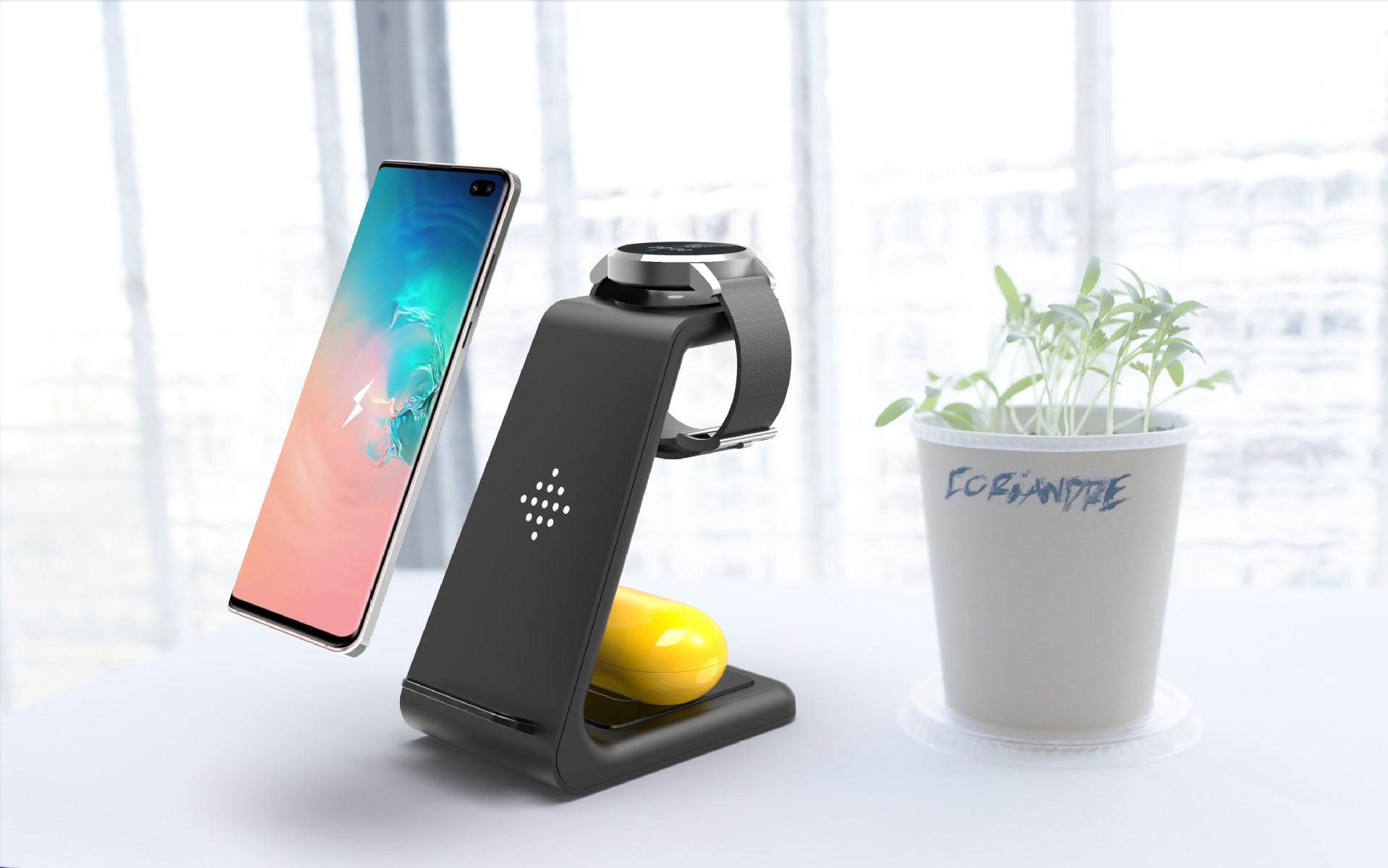 Carregador Sem Fio Rápido 3 em 1 – Suporte para Celular, Smartwatch e Fone