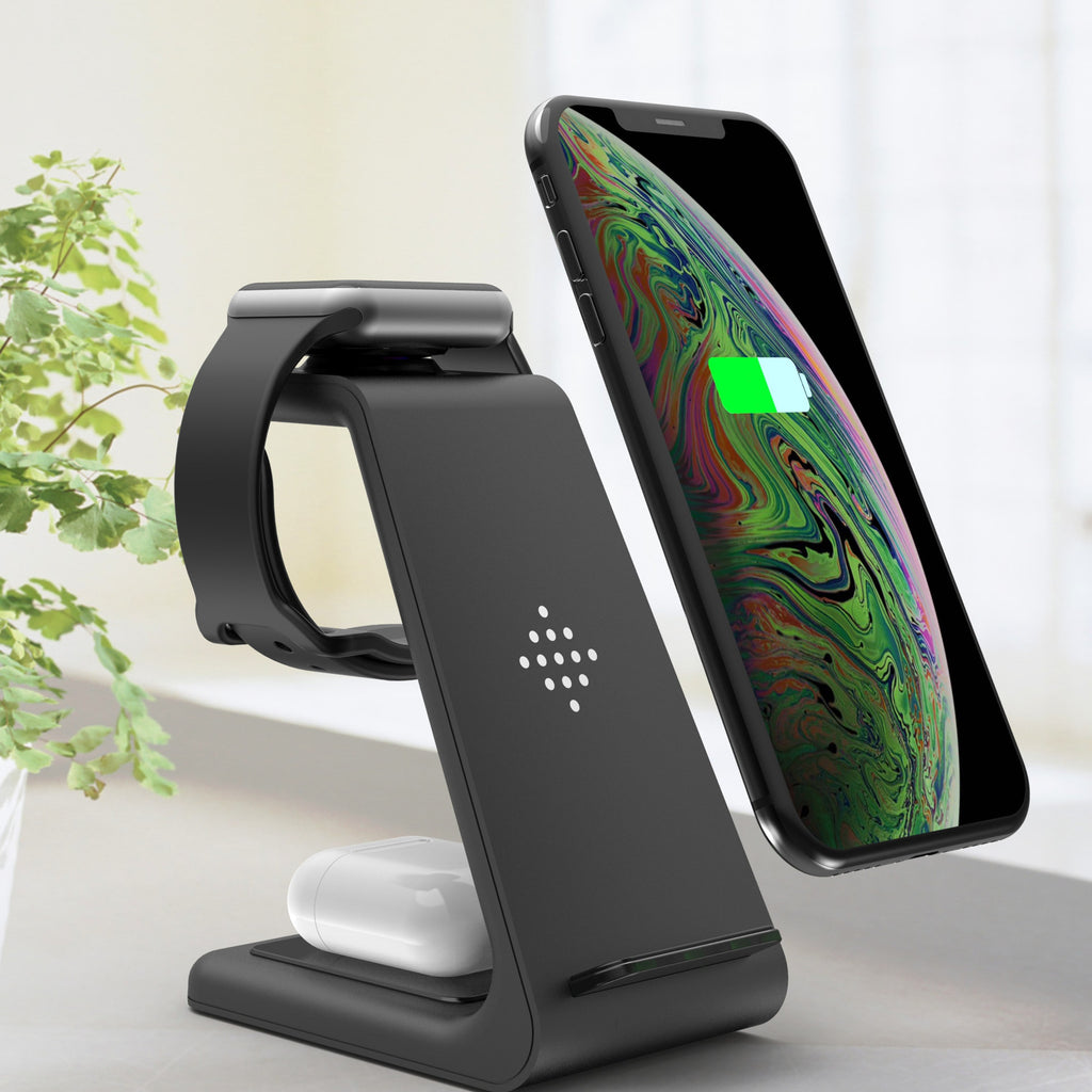 Carregador Sem Fio Rápido 3 em 1 – Suporte para Celular, Smartwatch e Fone
