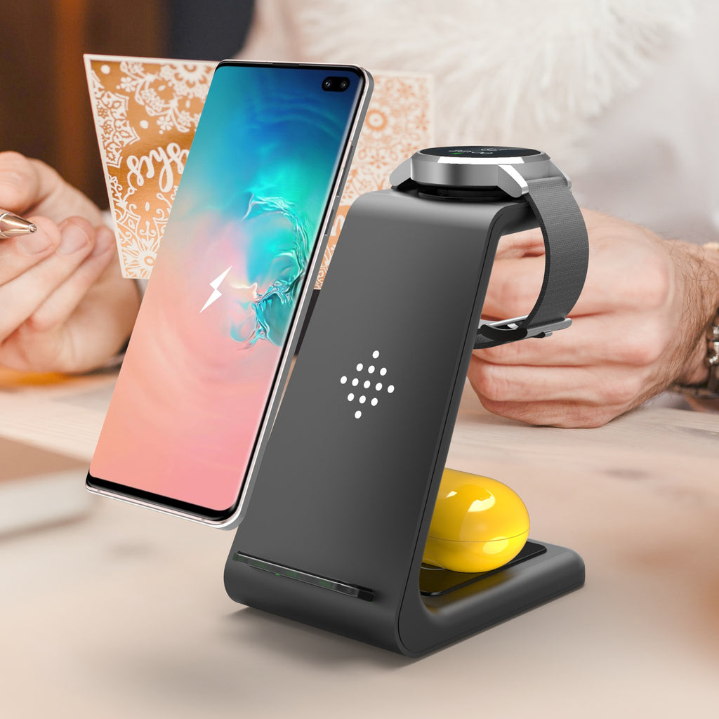 Carregador Sem Fio Rápido 3 em 1 – Suporte para Celular, Smartwatch e Fone